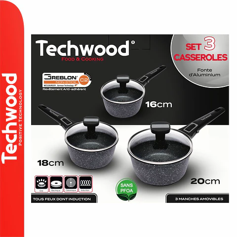 Conjunto 3 Caçarolas Ø16/Ø18/Ø20cm C/ Tampa Vidro TECHWOOD