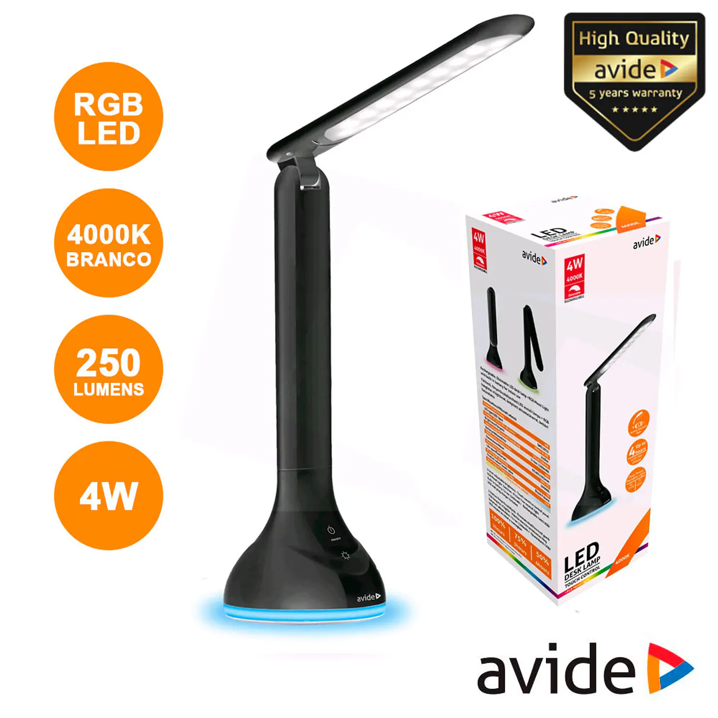 CANDEEIRO DECORATIVO LED 4W 4000K C/ BASE RGB 250LM AVIDE 1