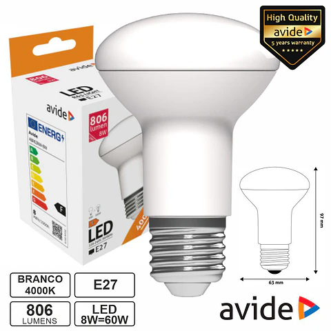Lâmpada LED E27 R63 8W 230V 4000K 806lm AVIDE