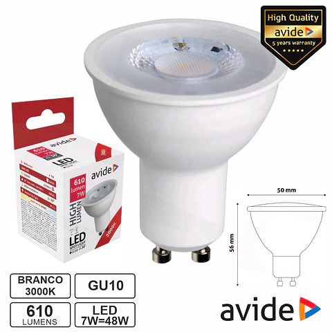 Lâmpada LED GU10 Spot 36º 7W 230V 3000K 610lm AVIDE
