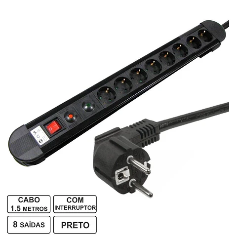 TOMADA ELÉTRICA C/ 8 SAÍDAS INTERRUPTOR PROTEÇÃO 1.5M EDH