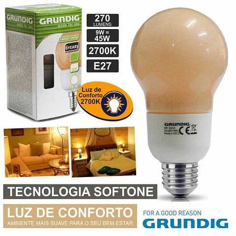 LÂMPADA E27 9W=45W 230V ECO TEC. SOFTONE 270LM GRUNDIG
