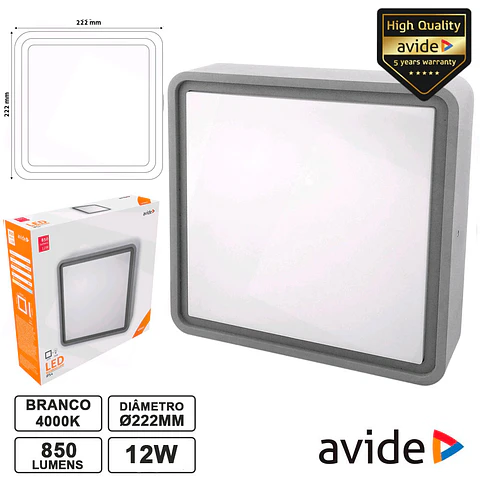 PAINEL LEDS QUADRADO 12W 222MM 4000K 850LM IP54 AVIDE