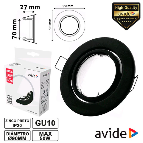 ARO REDONDO AJUSTÁVEL PRETO P/ MR16-GU10 AVIDE