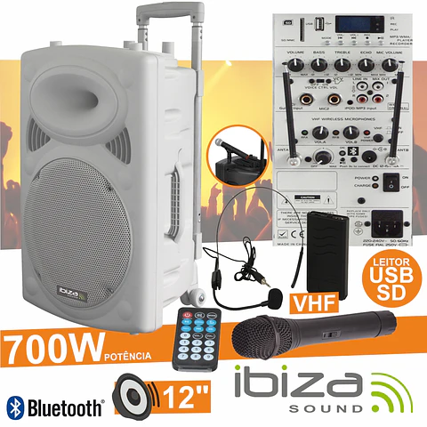 COLUNA AMPLIFICADA 12" 700W USB/BT/SD/BAT VHF BRANCO IBIZA
