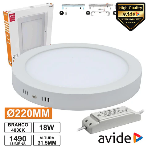 PAINEL LEDS REDONDO SUPERFÍCIE 18W 220MM 4000K 1490LM AVIDE
