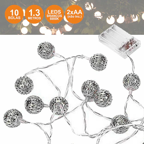 GRINALDA DE 10 BOLAS PRATEADAS LED BRANCO FRIO 1.3M