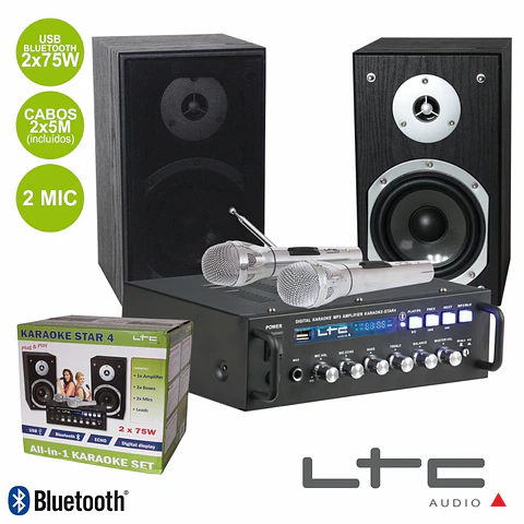 CONJUNTO KARAOKE AMPLIFICADOR 2X75W 2 COLUNAS 2MIC BT LTC