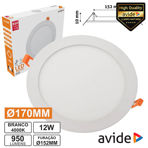 PAINEL LEDS REDONDO 12W 170MM 4000K 950LM AVIDE