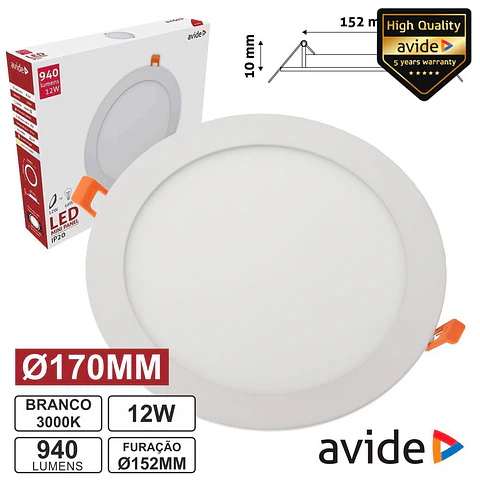 PAINEL LEDS REDONDO 12W 170MM 3000K 940LM AVIDE