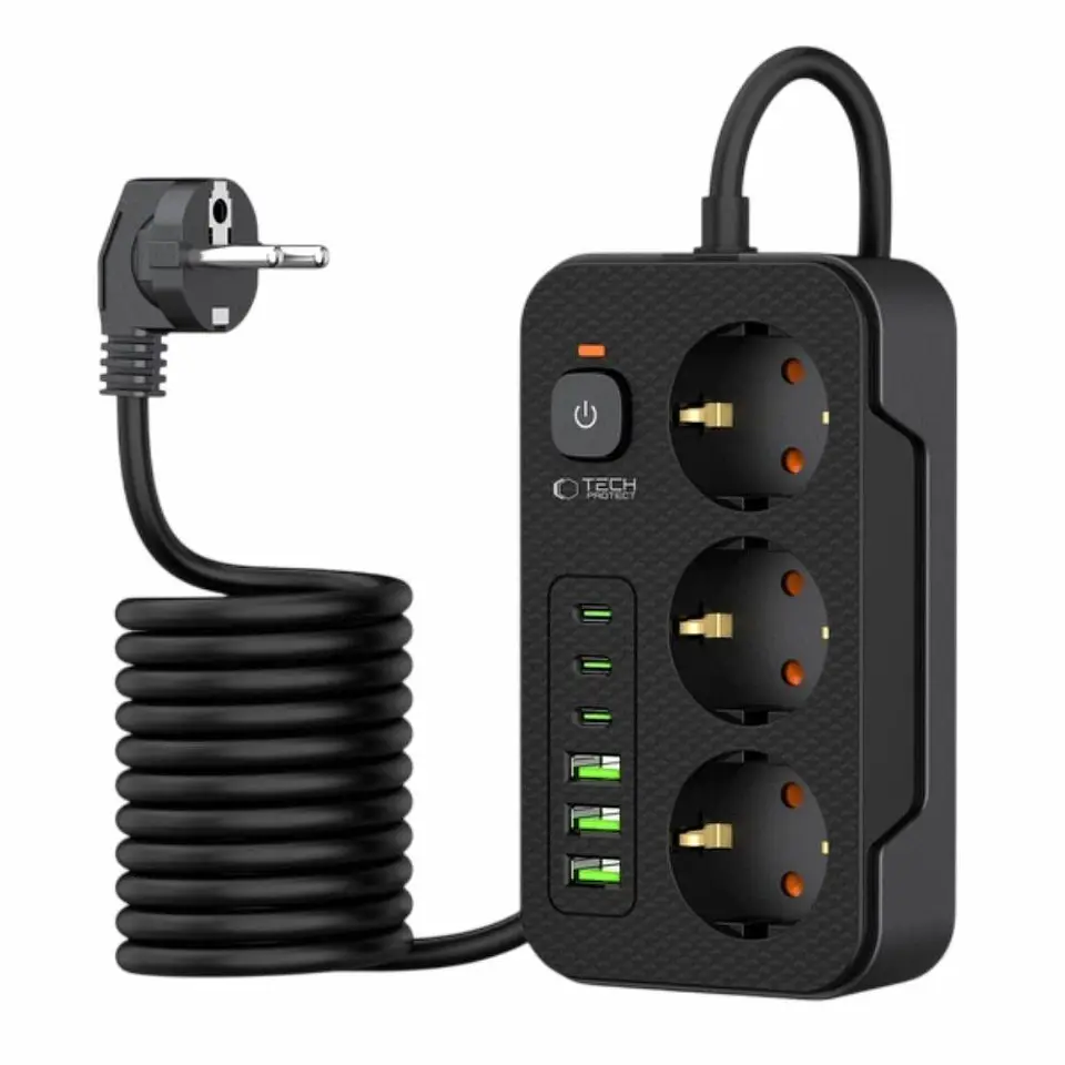 Extensão Elétrica 3x Schuko 3xUSB-A 3xUSB-C C/ Interruptor 1