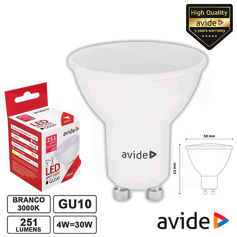 LÂMPADA LED GU10 SPOT 4W 230V 3000K 251LM AVIDE
