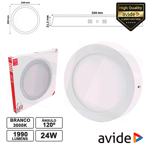 PAINEL LEDS REDONDO SUPERFÍCIE 24W 300MM 3000K 1990LM AVIDE