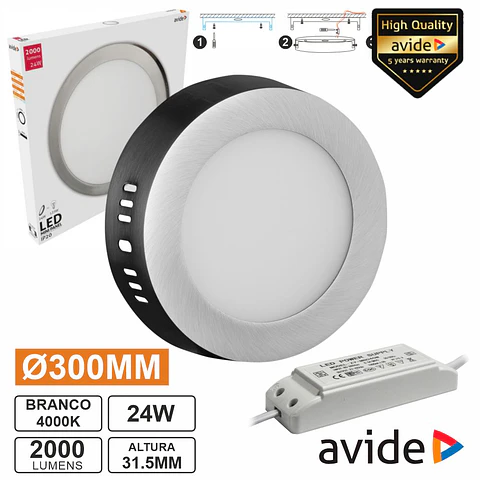 Painel LEDS Redondo Superfície 24W 300mm 4000K 2000lm AVIDE