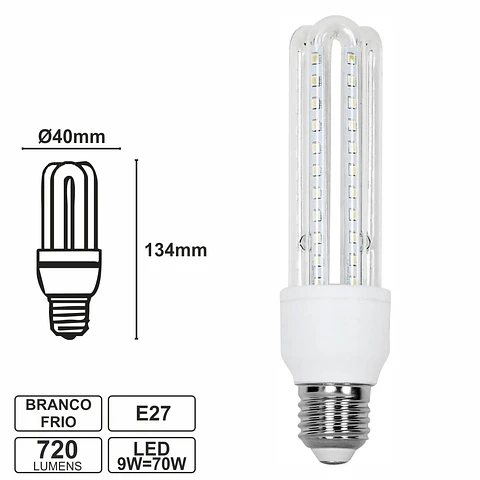 LÂMPADA E27 9W=70W 230V LED 3U BRANCO FRIO 720LM