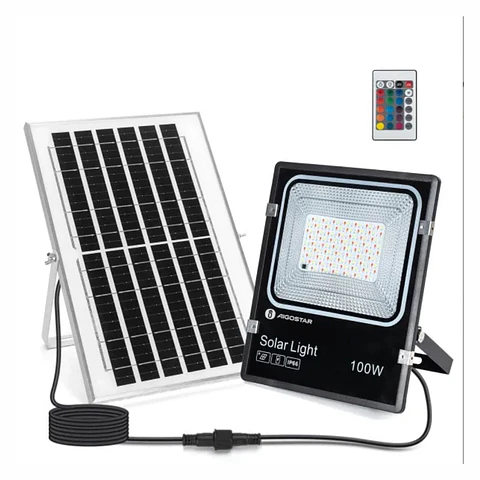 Foco LED C/ Painel Solar 100W RGB 1000lm 5M IP66 Preto