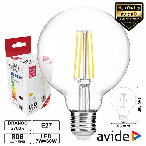 Lâmpada LED E27 Globo Filamento 7W 230V 2700K 806lm AVIDE