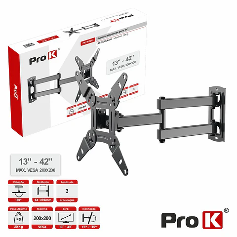 Suporte TV Articulado 3 pontos 13-42" 20kg Vesa 200x200 PROK