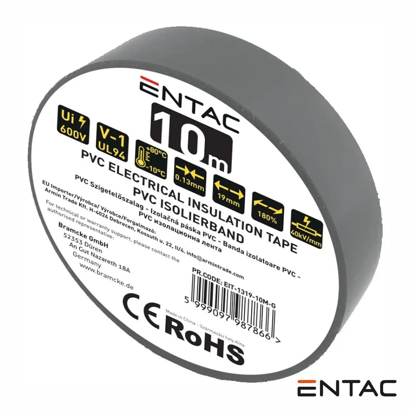 Fita Isoladora PVC 19mm x 10m Cinzento ENTAC 1