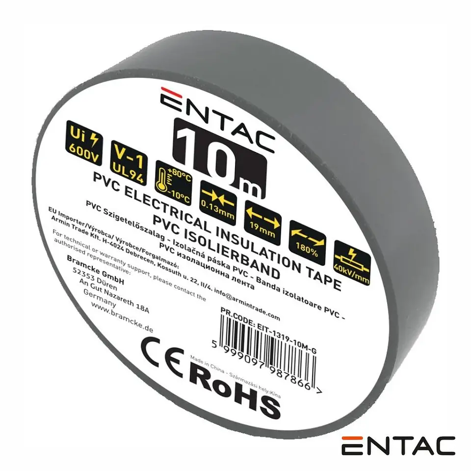 Fita Isoladora PVC 19mm x 10m Cinzento ENTAC 1