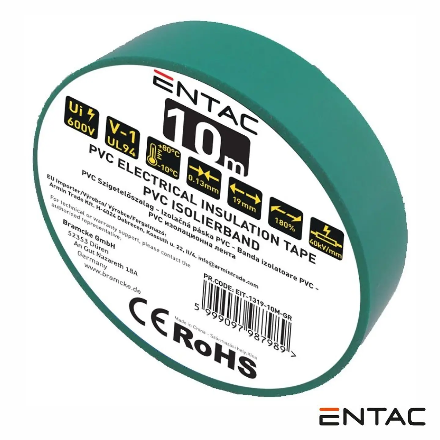 Fita Isoladora PVC 19mm 10m Verde ENTAC 1