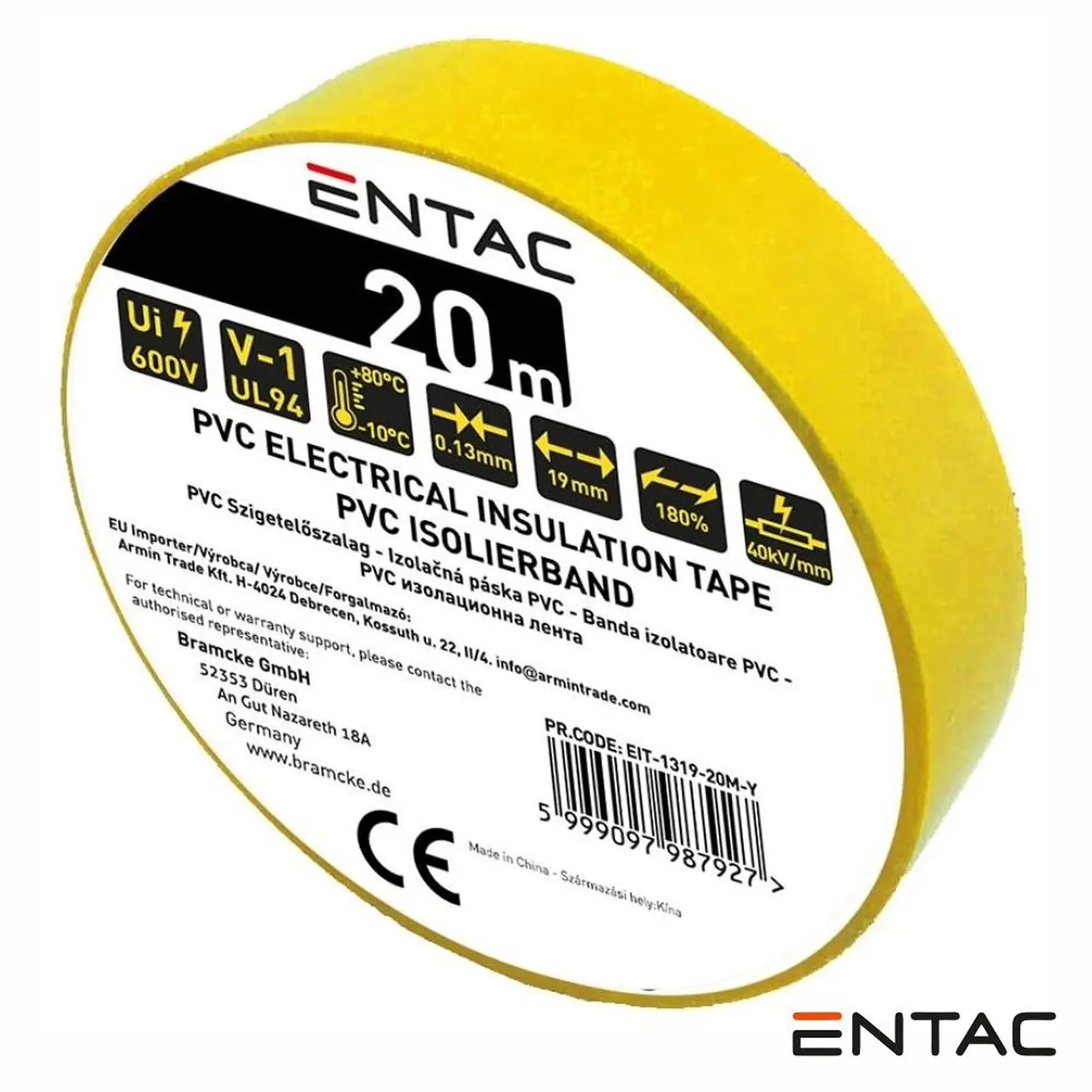 Fita Isoladora Amarela 19mm 20m ENTAC 1