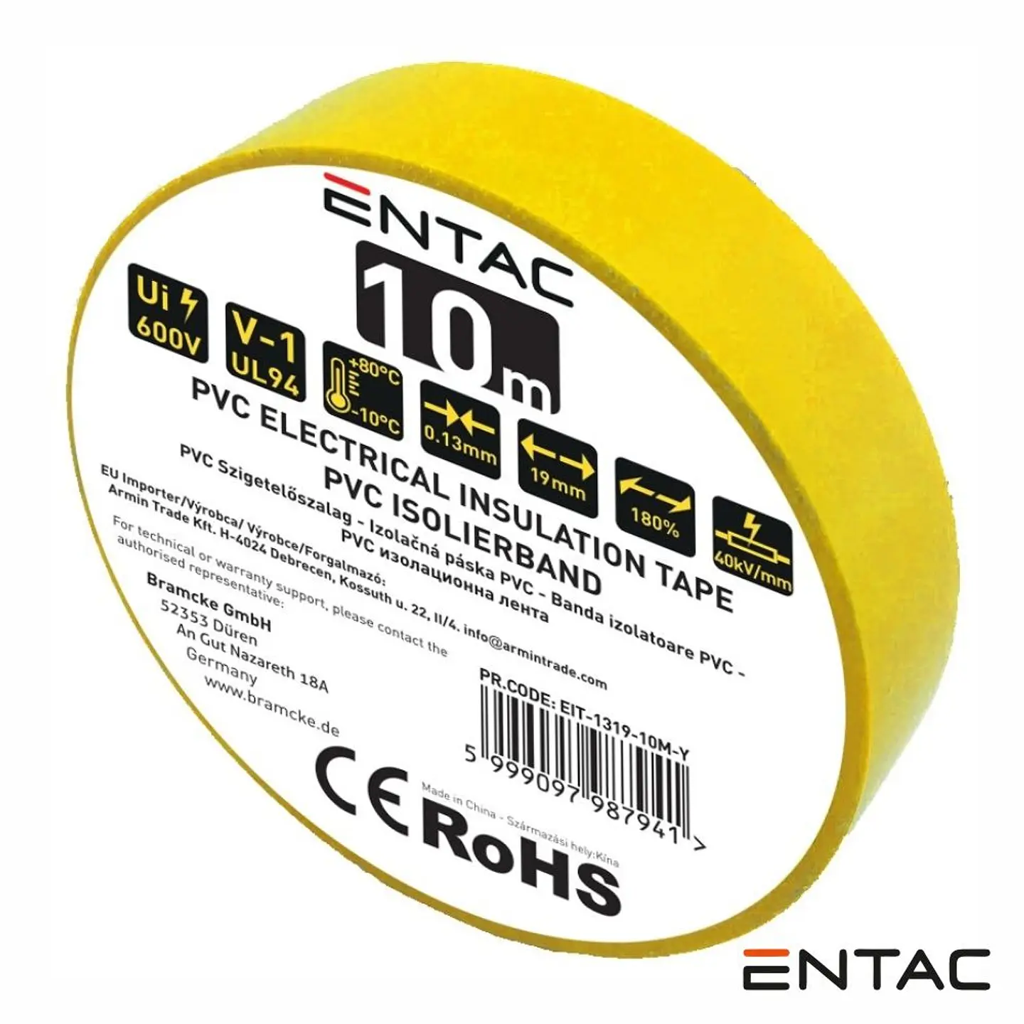 Fita Isoladora PVC 19mm 10m Amarelo ENTAC 1