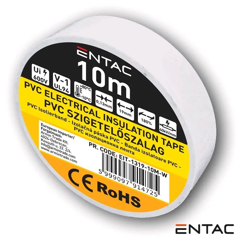 Fita Isoladora PVC 19mm 10m Branco ENTAC 1