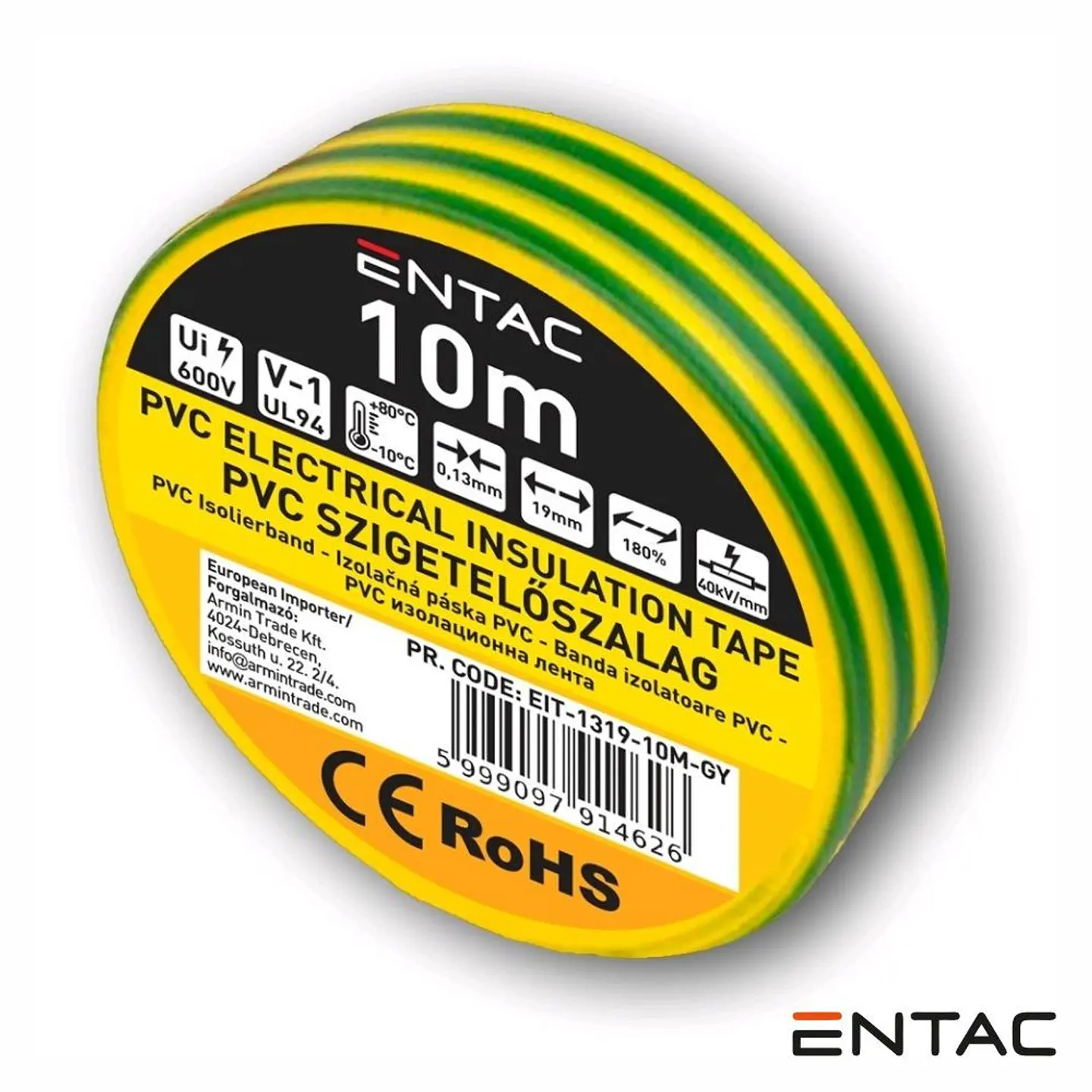 Fita Isoladora PVC 19mm 10m Verde/Amarelo ENTAC 1