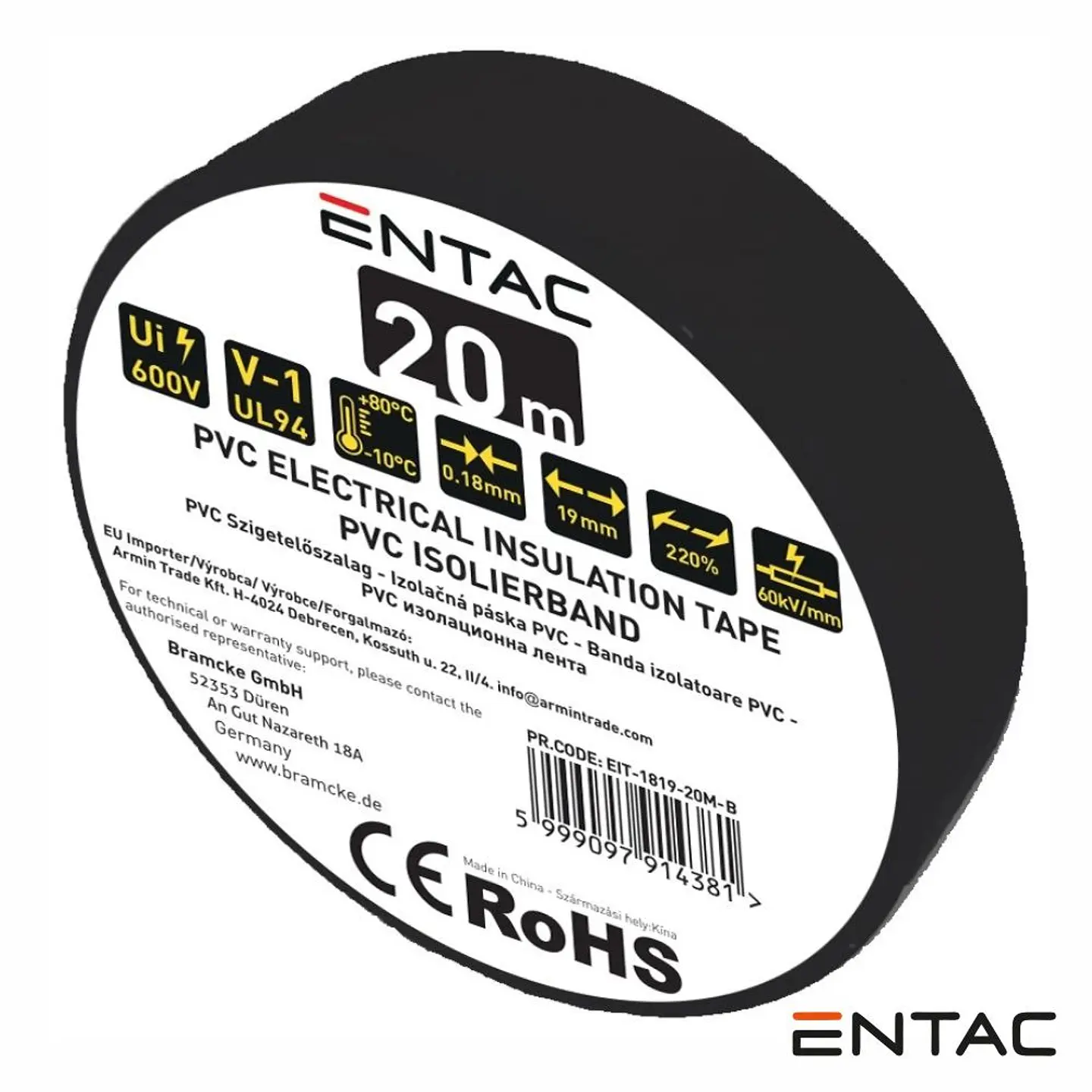 Fita Isoladora PVC 19mm 20m 0.18mm Preta ENTAC 1