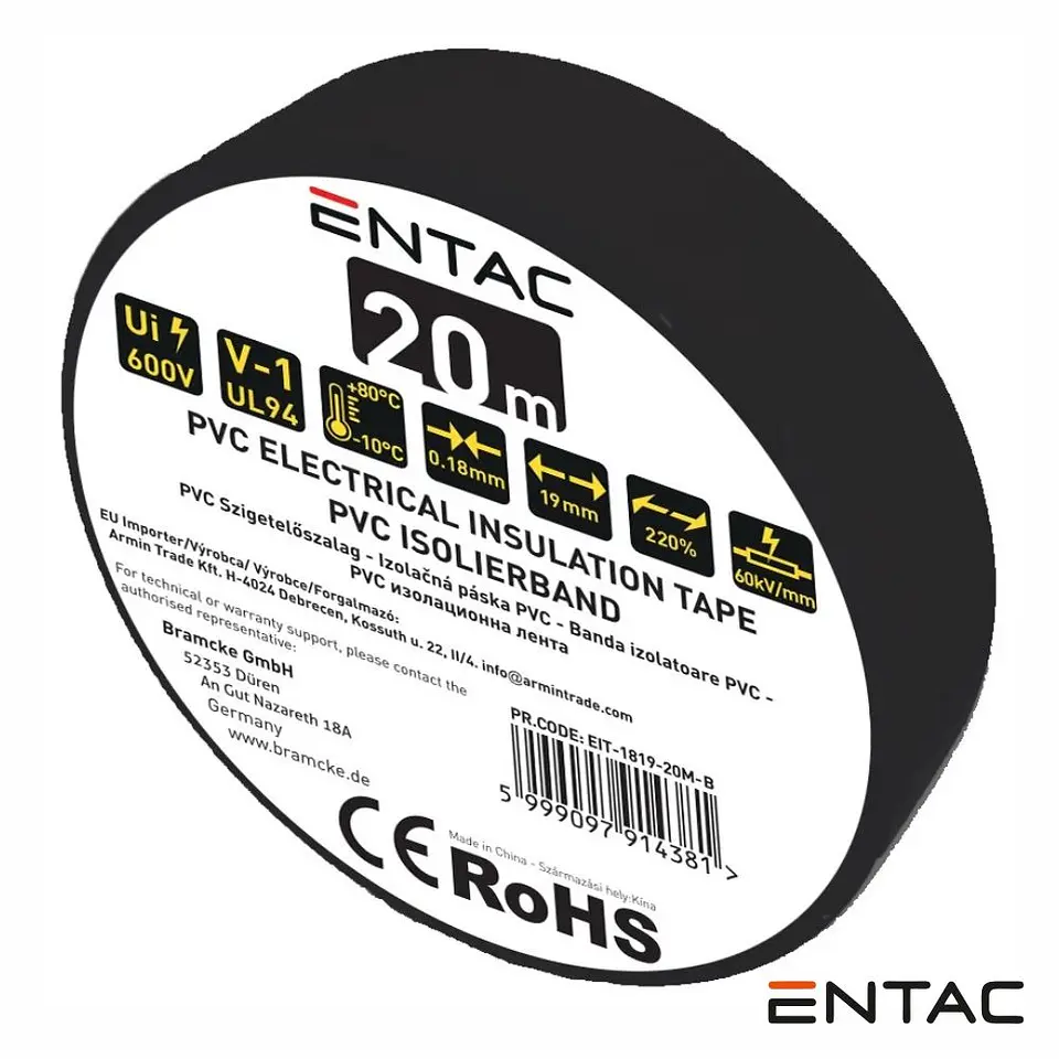 Fita Isoladora PVC 19mm 20m 0.18mm Preta ENTAC 1