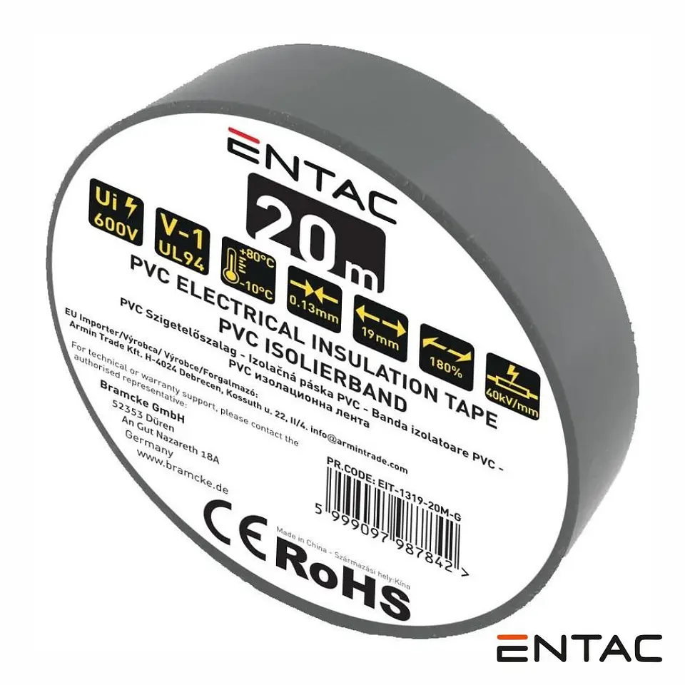 Fita Isoladora PVC 19mm 20m 0.18mm Cinzento ENTAC 1