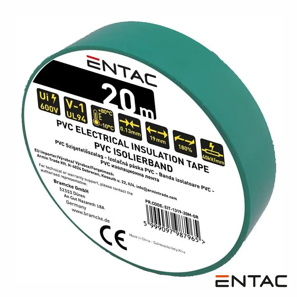 Fita Isoladora PVC 19mm 20m 0.18mm Verde ENTAC 1