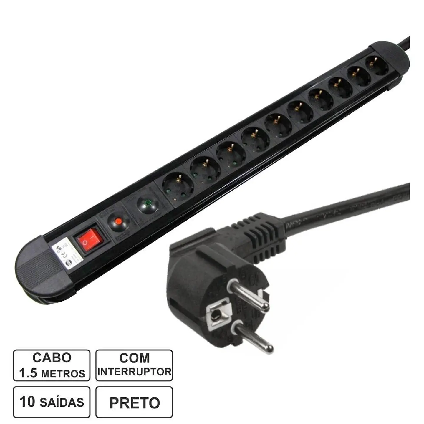 TOMADA ELÉTRICA C/ 10 SAÍDAS INTERRUPTOR PROTEÇÃO 1.5M EDH 1