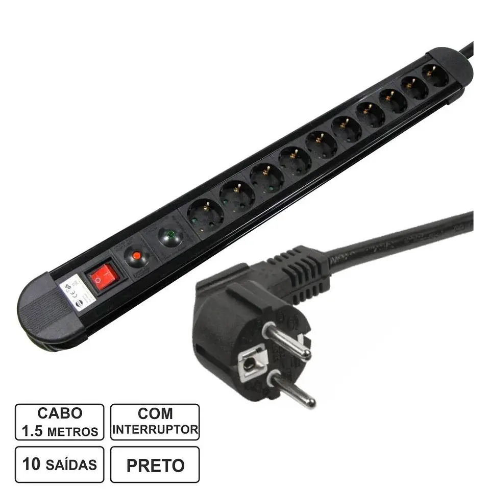 TOMADA ELÉTRICA C/ 10 SAÍDAS INTERRUPTOR PROTEÇÃO 1.5M EDH 1