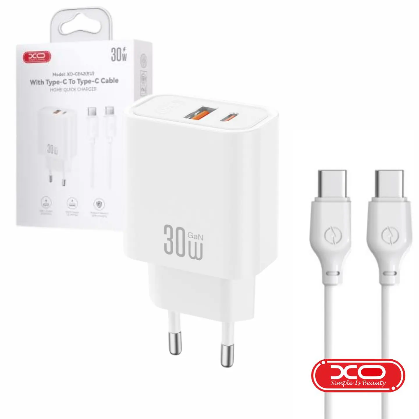 Alimentador 1x USB-A/1x USB-C 30W PD Branco XO 1