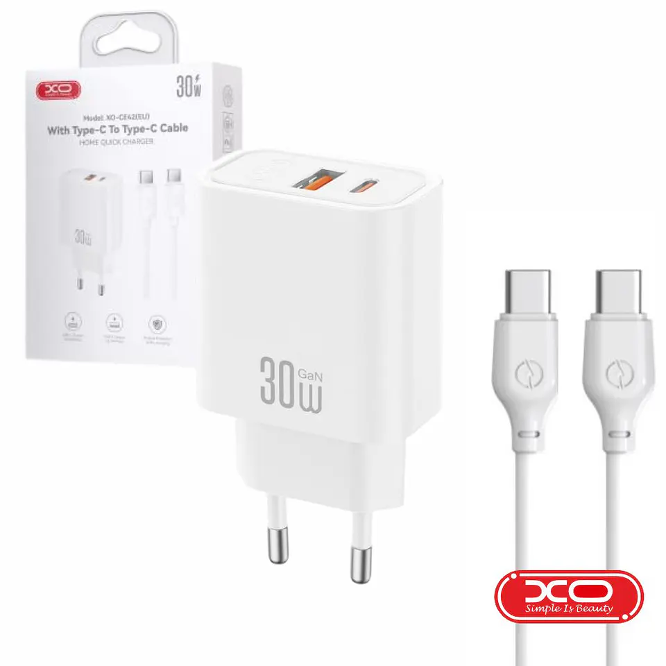 Alimentador 1x USB-A/1x USB-C 30W PD Branco XO 1