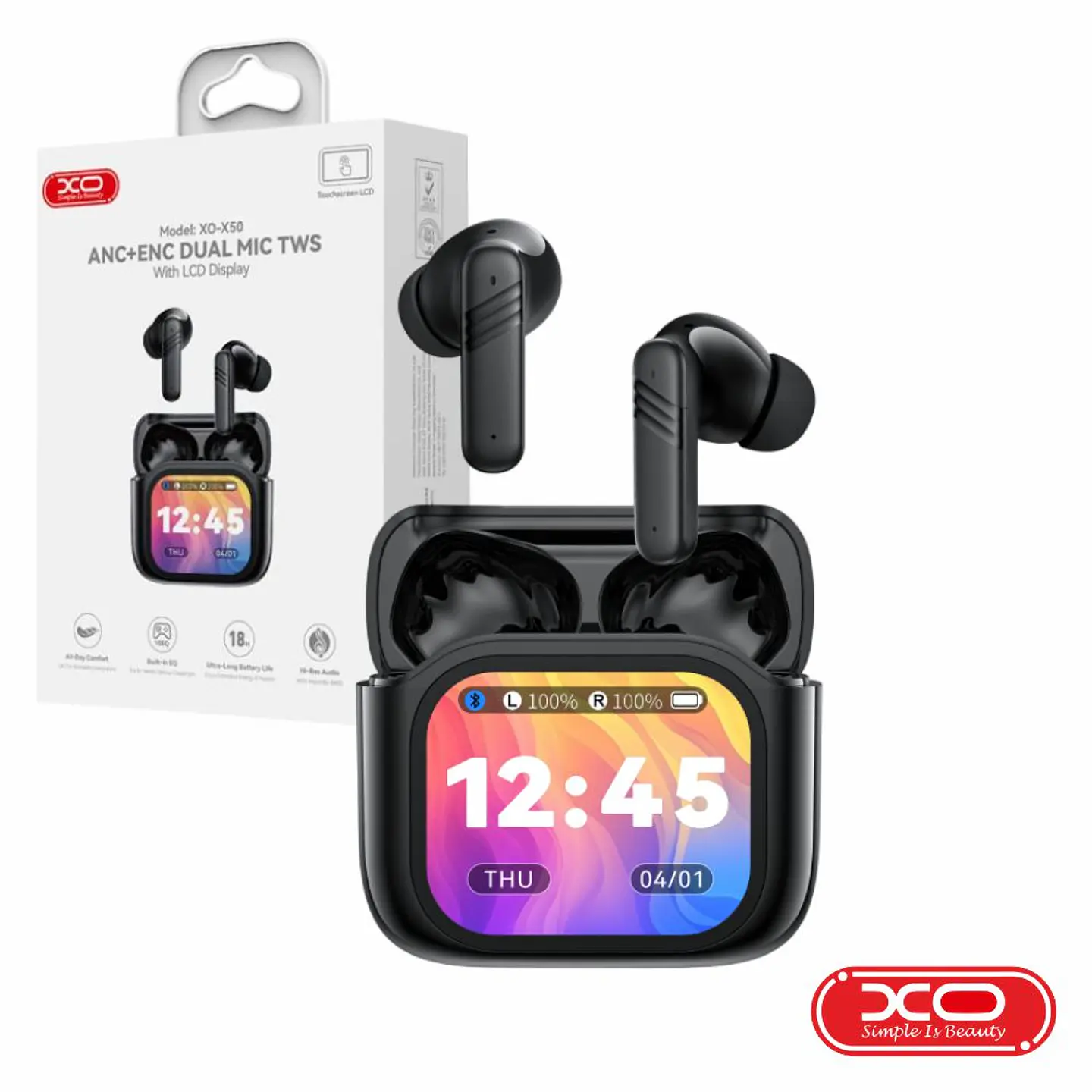 Auriculares Com Display TWS Bluetooth 5.4 ANC+ENC Preto XO 1