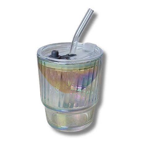 Vaso vidrio tornasol con tapa y bombilla