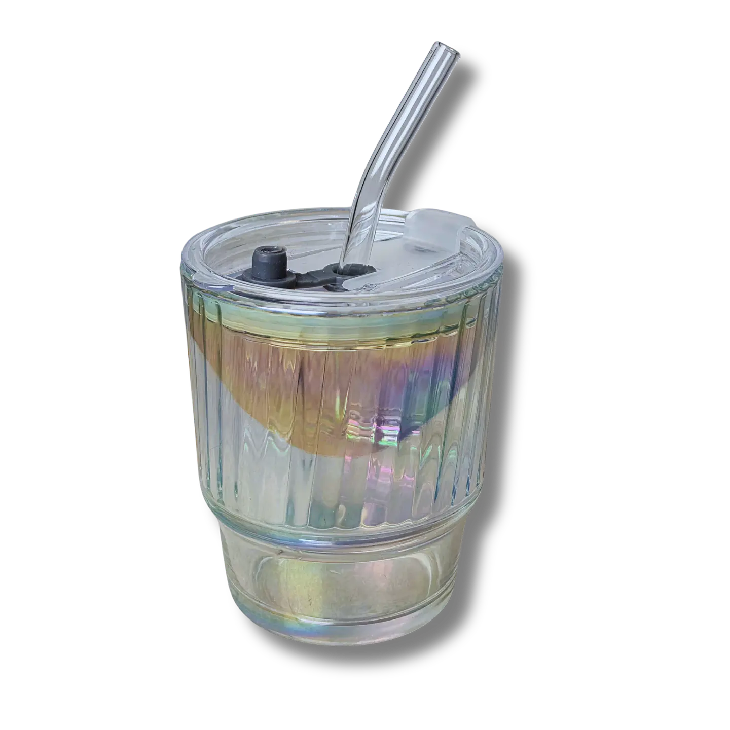 Vaso vidrio tornasol con tapa y bombilla 1
