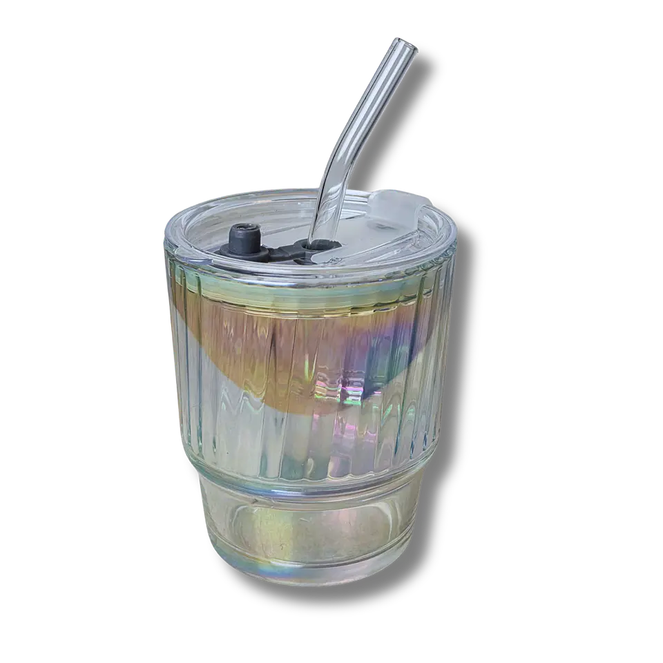 Vaso vidrio tornasol con tapa y bombilla 1