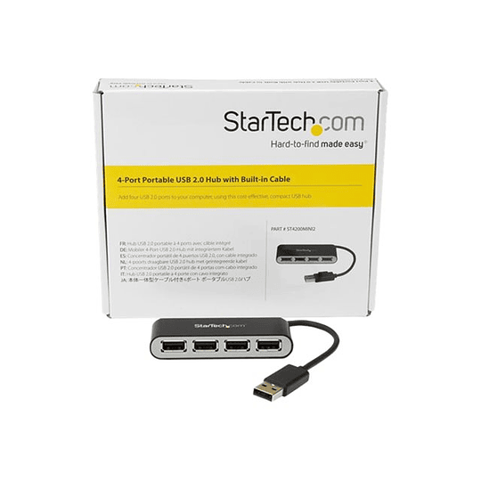 HUB StarTech Portátil USB 2.0 de 4 puertos con Cable Integrado Color Negro