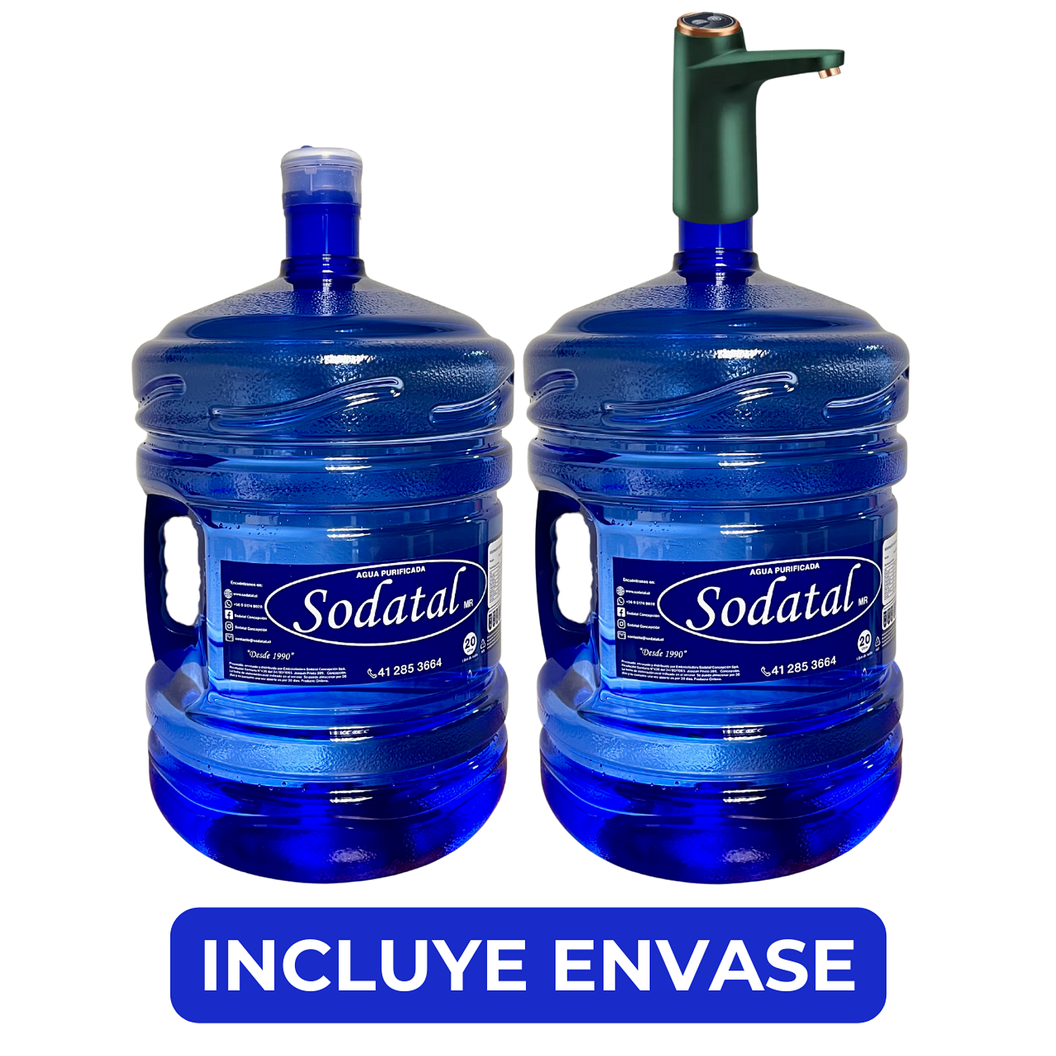 Agua Purificada Sodatal 20lts Pack 2 bot + Bomba Usb Premium + envase