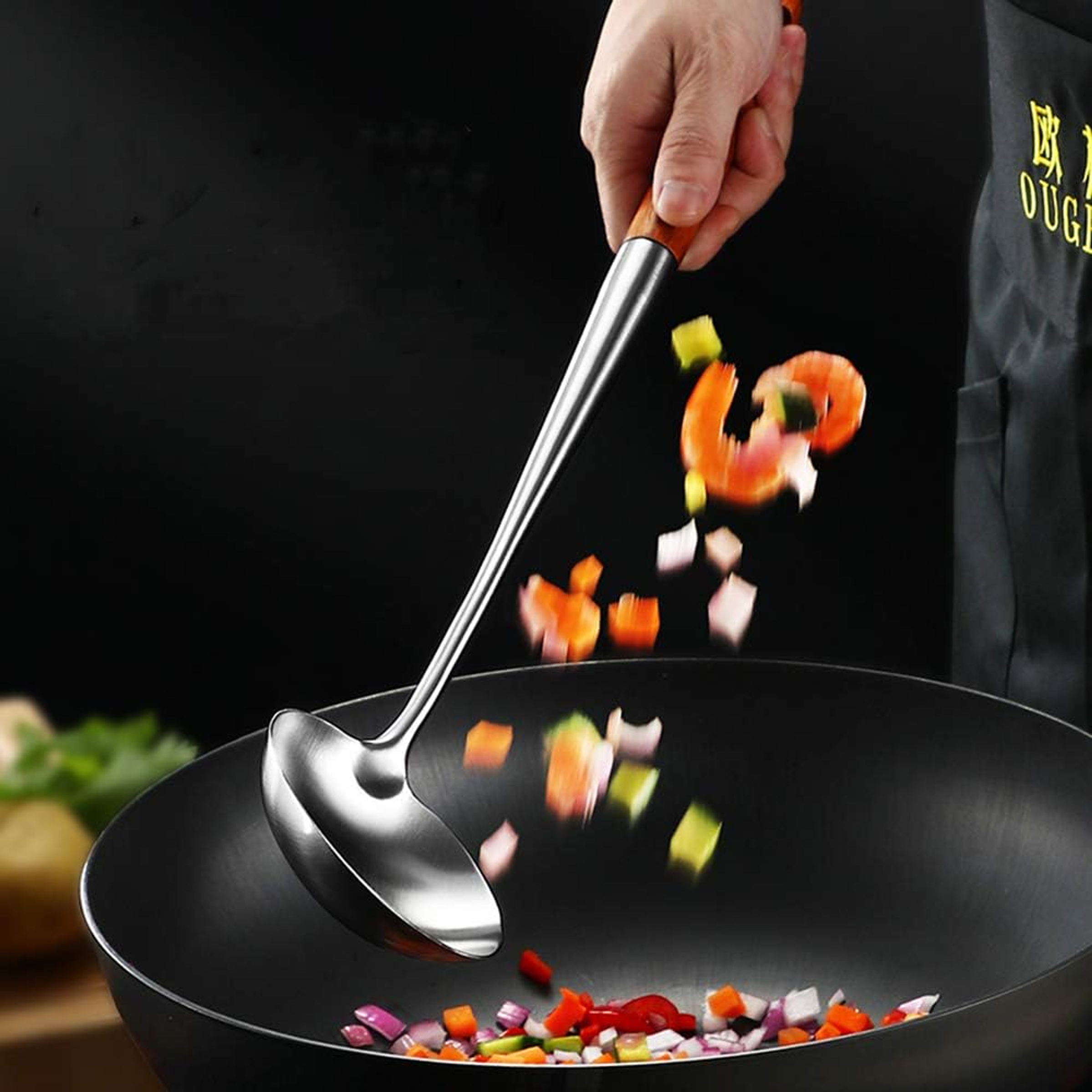 Set Wok Chef Pro Espátula Cucharón Espumadera Acero Inox 5