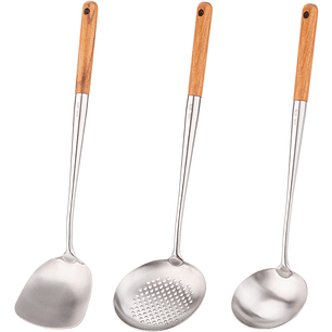 Set Wok Chef Pro Espátula Cucharón Espumadera Acero Inox