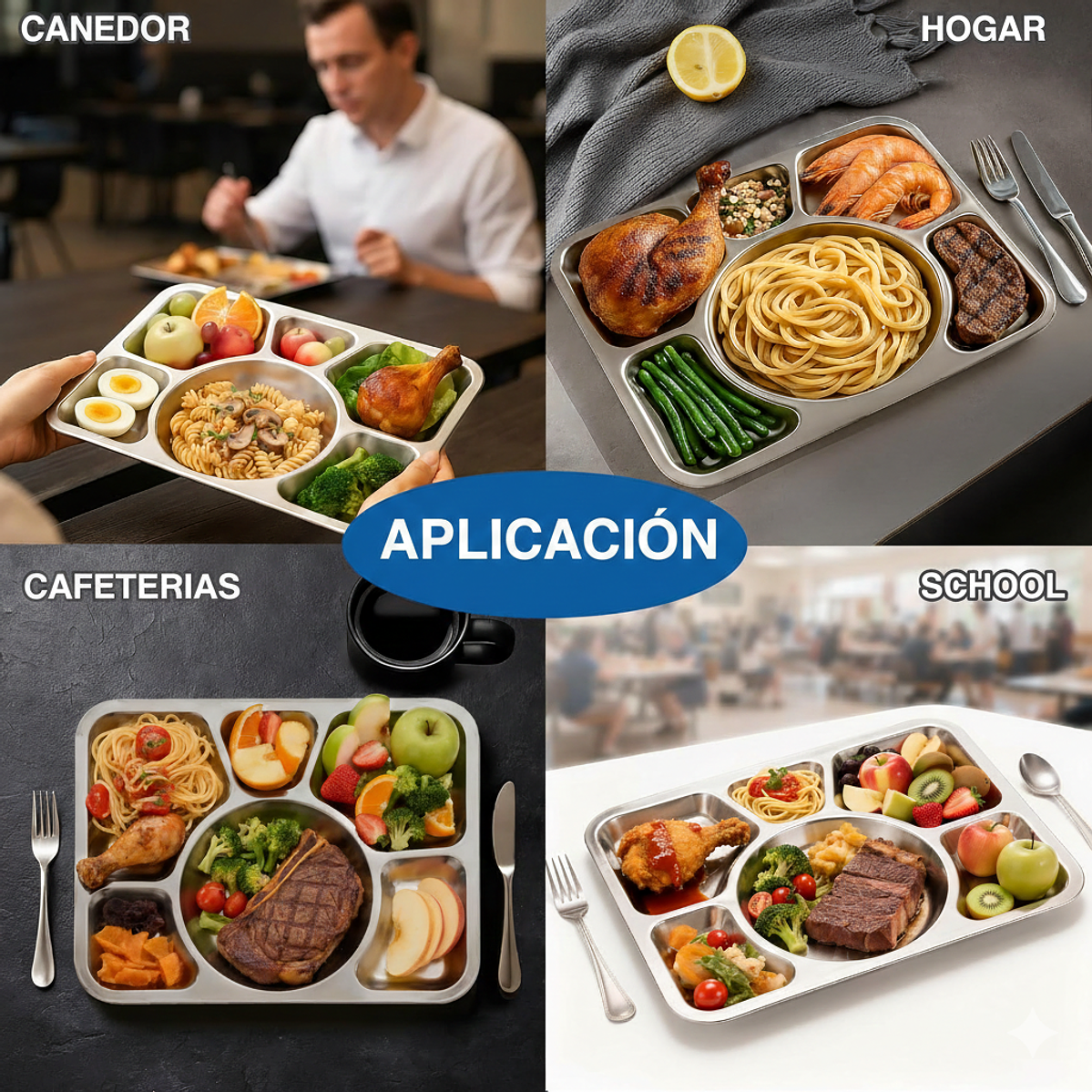 12 Bandejas Rectangular de Acero Inoxidable – 6 Compartimentos Servicio De Alimentos 6