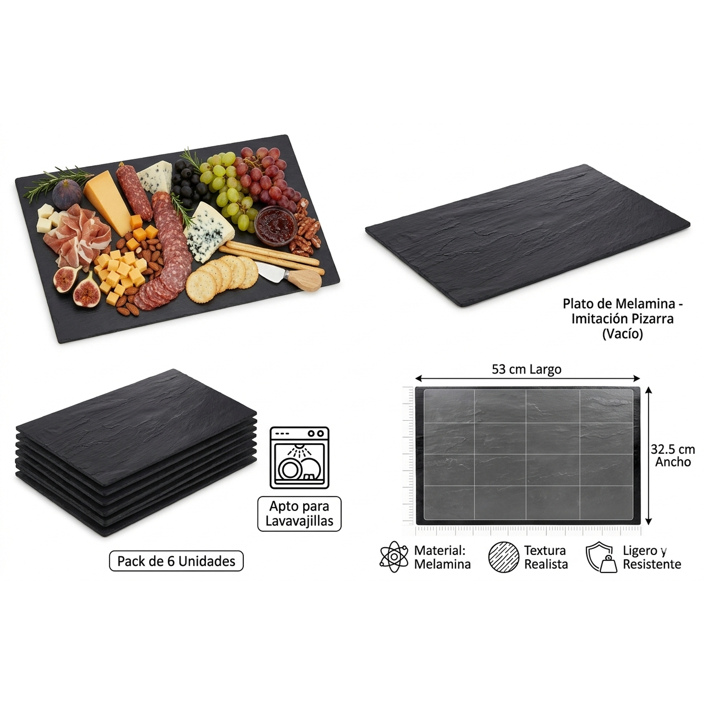 Set x 6 Bandejas Rectangular de Melamina Estilo Pizarra – 53 cm x 32.5 cm Restaurantes Buffets Servicios Catering 3