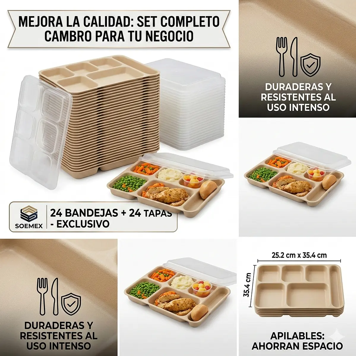 Set de 24 Bandejas + 24 Tapas De Servicio Cambro De 6 Compartimientos 1