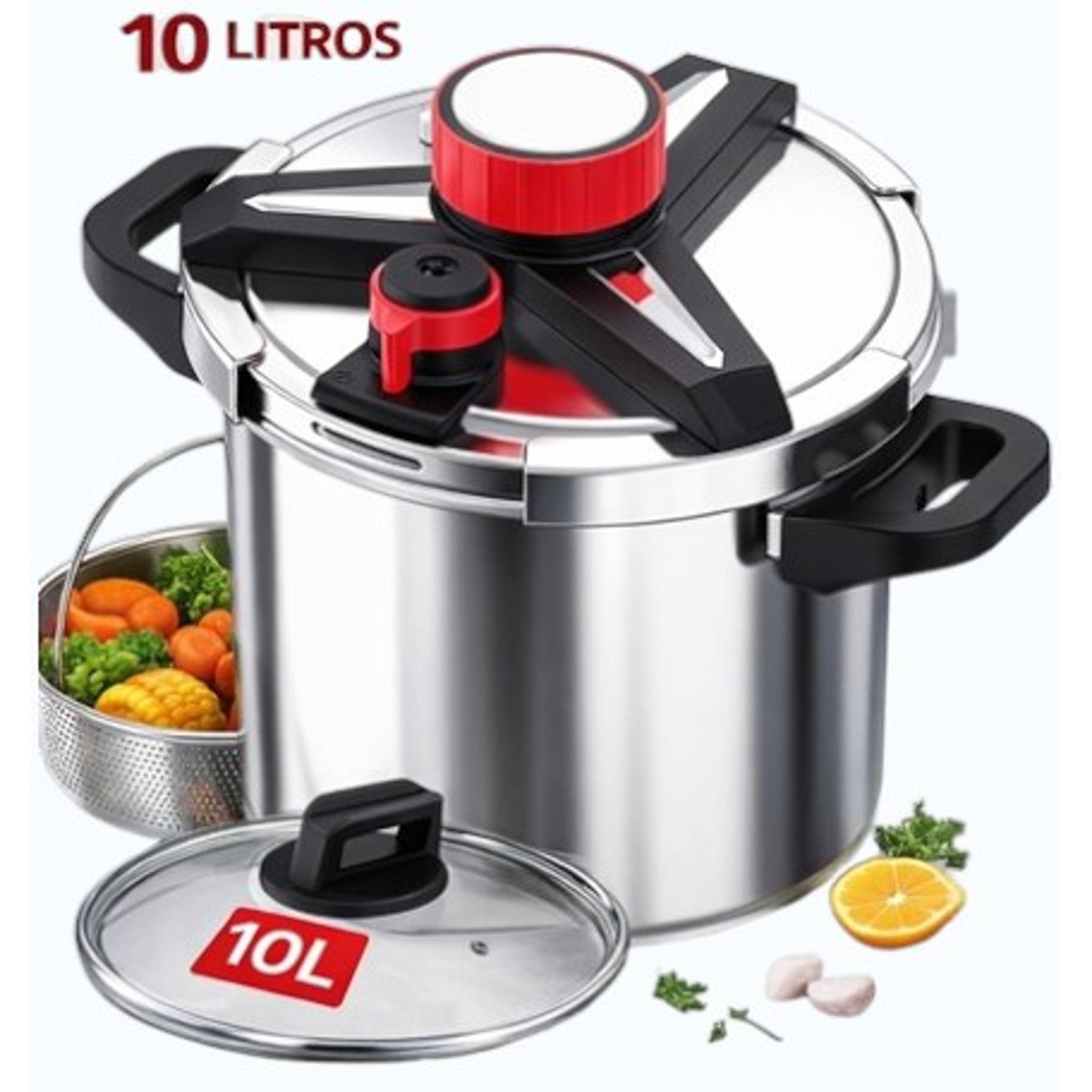 Olla a Presión de Acero Inoxidable – 10 Litros (3 en 1) Inducción  1