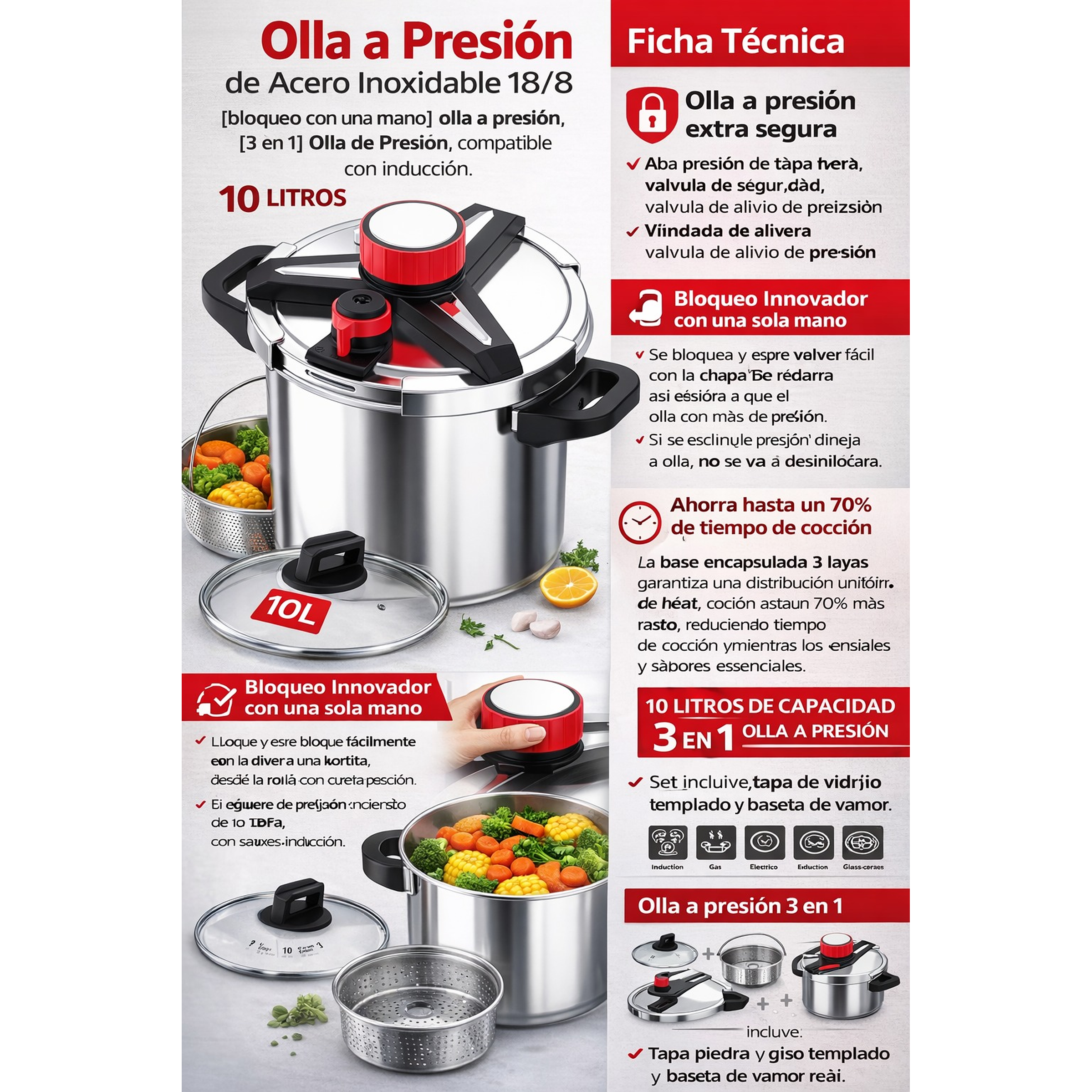 Olla a Presión de Acero Inoxidable – 10 Litros (3 en 1) Inducción  2